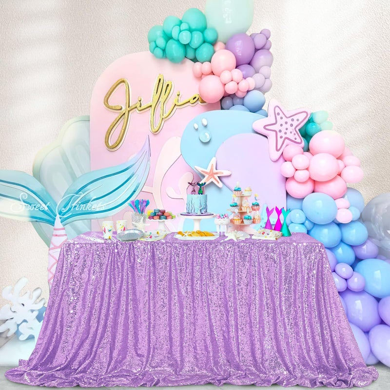 QueenDream Lilac Sequin Tablecloth 60"x102" Mermaid Tablecloth Lavender Glitter Tablecloth for Wedding Birthday Baby Shower Mermaid Decorations - Image 4